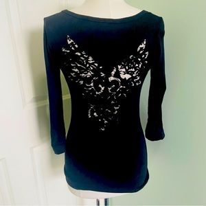 Like new Black 3/4 sleeve Designer tee with lace cut outs in back